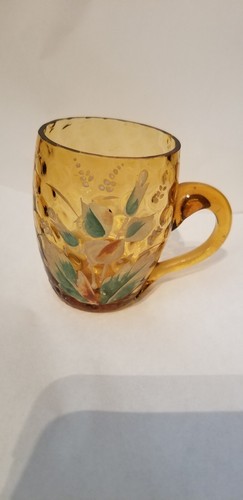 ANTIQUE MOSER ART GLASS AMBER INVERTED THUMBPRINT ENAMEL CUP MUG - Picture 3 of 9
