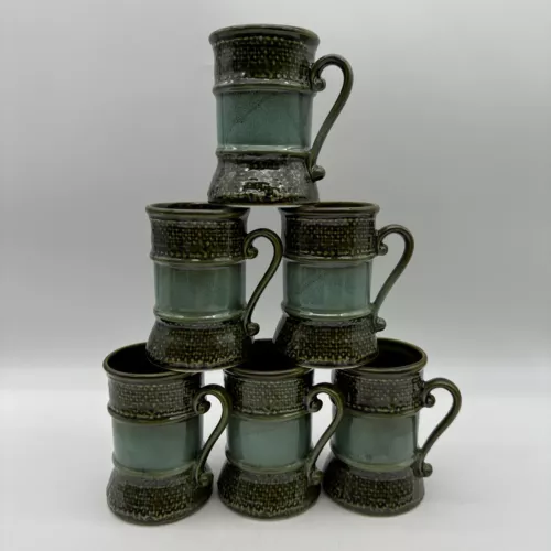 Vintage Mid Century Japan Coffee Tea Mug Burlap Weave Green Teal Ceramic Set 6