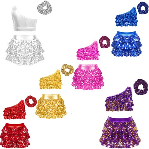 Kids Girls Outfit Dance Set Latin Suit Shiny Competition Culottes Costume Jazz - Picture 3 of 51