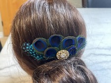 Fascinator feather clip Comb Peacock Turquoise Blue bridal photo prop headdress