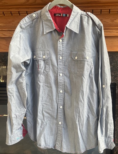 The Ryde Men’s Shirt Denim Long Sleeve Button Down Size Large Blue W/ Red Trim