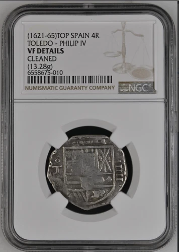 RARE 1621 SPAIN 4 REALES SILVER COIN PHILIP IV TOLEDO MINT NGC VF DETAIL CLEANED