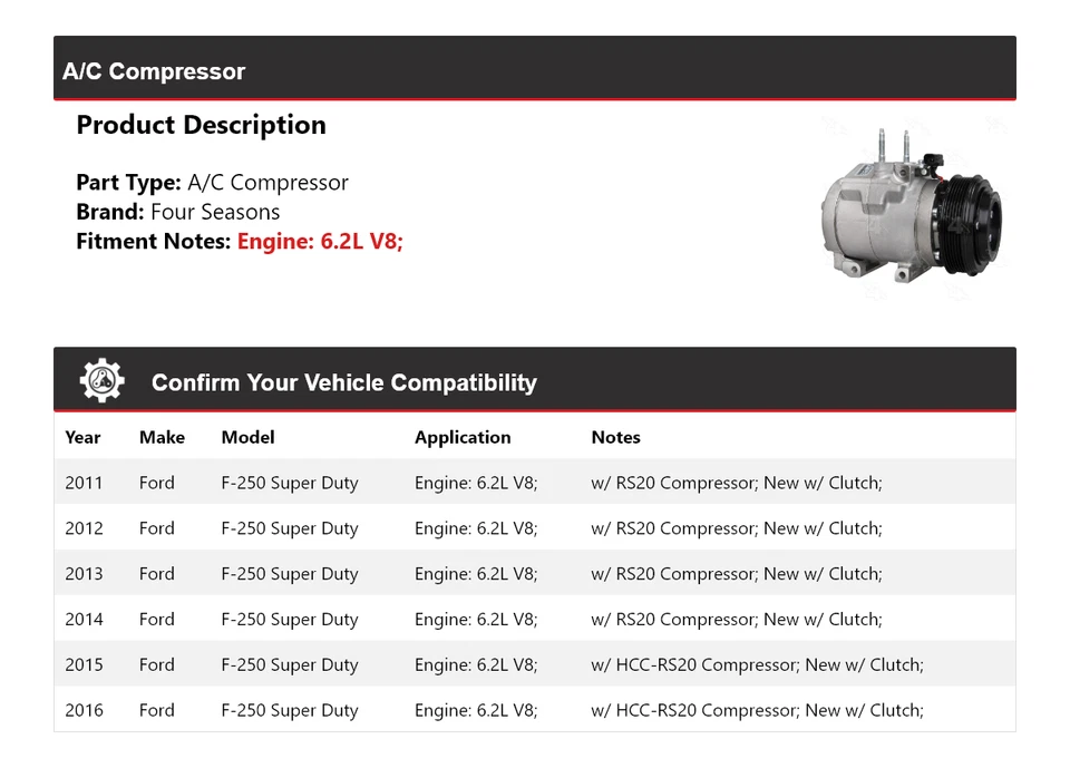 Compresor de aire acondicionado V8 6,2 L para Ford F-250 Super Duty 2011-2016 4 estaciones 2012 2013 Foto 2 de 4