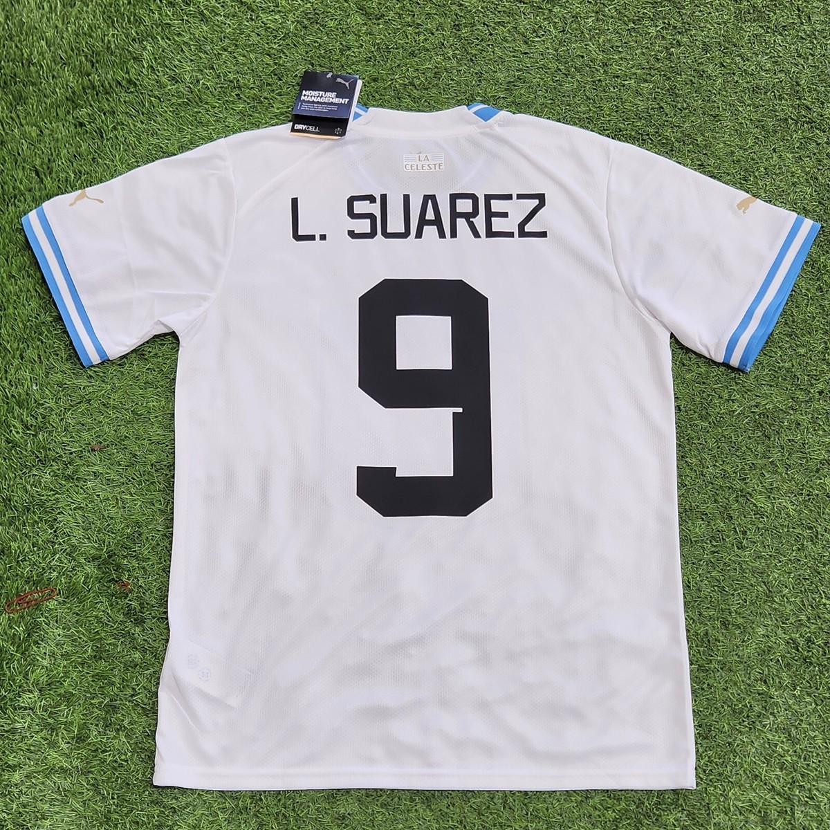 PUMA サッカーウェア L. SUÁREZ 9 Puma Uruguay Men's Away Jersey 22/23 L. SUAREZ #9 White-Blue
