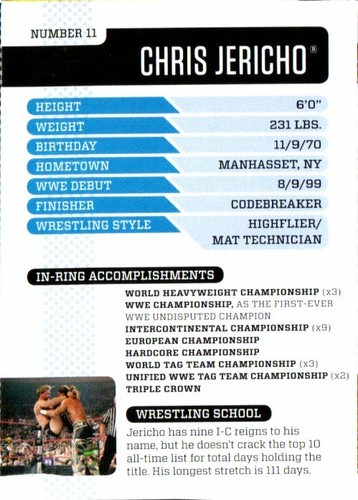 2010 Tarjeta perforada #11 de Chris Jericho del futuro miembro del Salón de la Fama de la revista WWE - Imagen 2 de 2