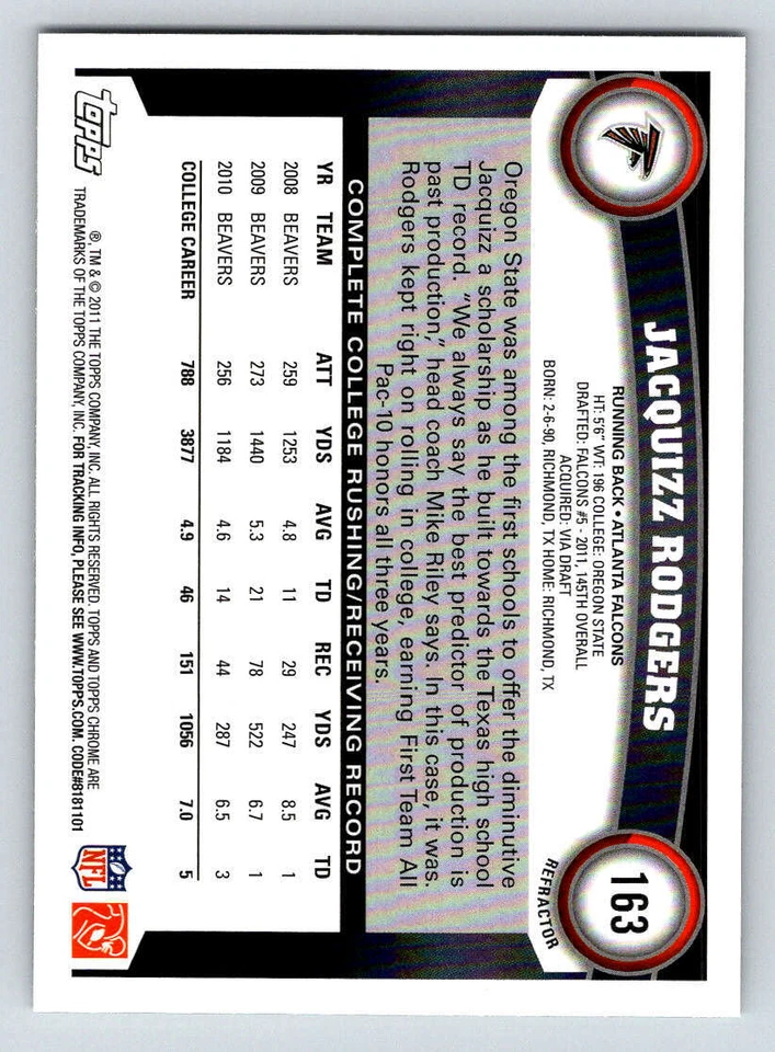 2011 Topps Chrome Refractors #163 Jacquizz Rodgers (ref 192009) - Image 2 of 2