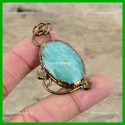 Copper Amazonite Gemstone Green Tourmaline Rough Electroformed Pendant Jewelry