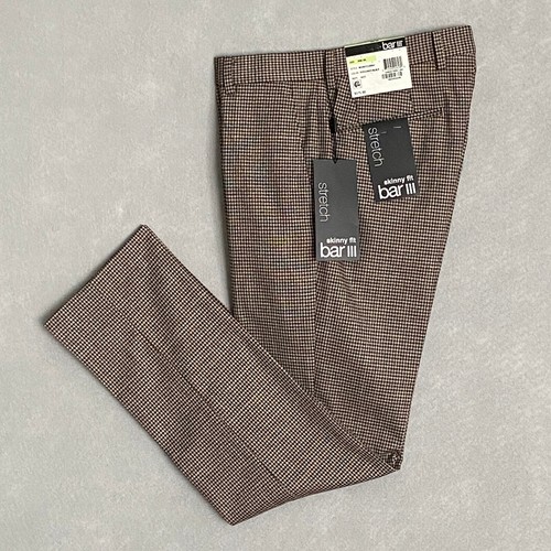 Bar III Men's 30x30 Dress Pant Skinny Fit Stretch Burgundy & Black Check NEW
