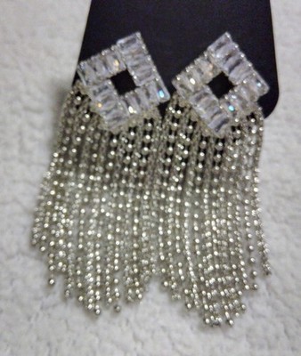 Silver Clear square Cluster Dangle Earrings Butterfly Back