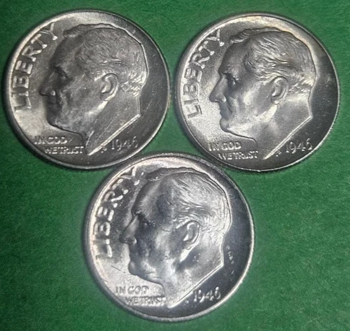 1946 P D S Roosevelt 90% Silver Dime 3-Coin Set Gem Uncirculated +Free Shipping