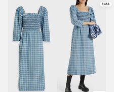GANNI Shirred Checked Cotton-blend Seersucker Midi Dress Blue size 32/XS