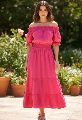 Women's Medium Hot Pink Long Flowy Tiered Dress Puff Sleeves Sundress Vacation 