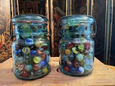 2 VTG Aqua Ball Ideal Pint Mason Jars Filled With Mid-Century Glass Marbles Lot
