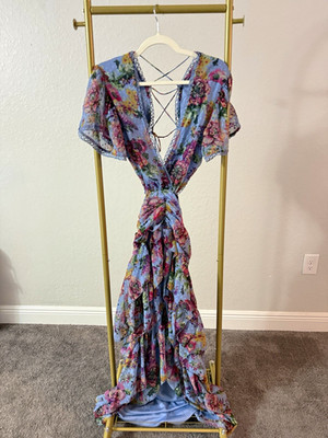 boohoo Petite Floral Chiffon Maxi Dress V-Neck Flutter Sleeve Blue 10P
