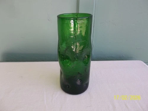 Vintage Blenko/ Bischoff Hand Blown Emerald Green Pinched Crackle Glass Vase