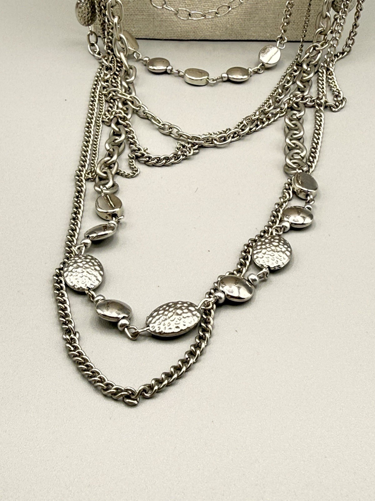 Silver Tone Multi Strand Layered Statement Neckla… - image 1