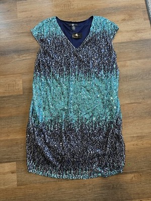 Ashley Stewart Ombre Sequin V-Neck Sleeveless Shift Dress Blue Black Size 22/24
