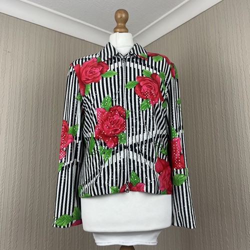 Joseph Ribkoff  Black & White Stripe Rose Print Zip Up Jacket UK 14 Sequins Glam