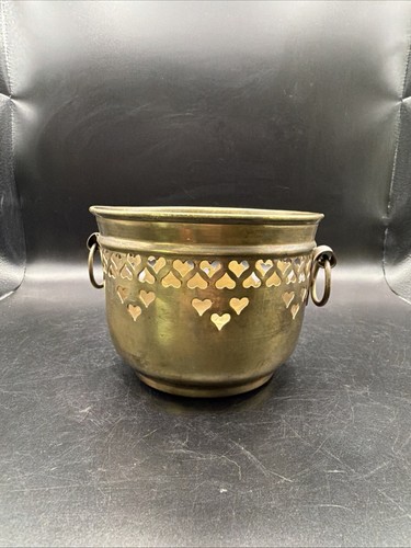 Vintage Brass Cache Pot Planter Ring Handles Heart Cut Outs