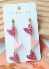 Acrylic Valentine's Day Triple Heart Dangle Earrings Glittery Sparkling Pink....