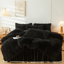 Fluffy Faux Fur Comforter Cover Set  Fuzzy Plush Bedding 3Pcs 1 Queen Black