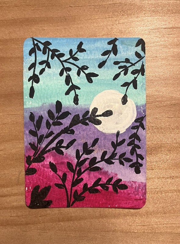 ACEO Original moon rising landscaping gouache paint Nicole Tiffany Art 