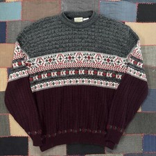 Vintage Fair Isle Grandpa Style Wool Knit Sweater Burgundy Grey Nordic Pattern
