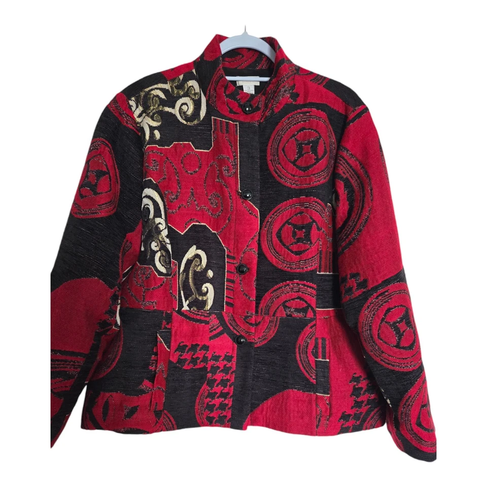 Chico's Red And Black Textile Jacket Button Front Size US XL, Chico's Sz 3 - Image 2 of 4