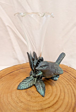 Vintage Brass Bird Figurine Glass Tulip Vase with Green Patina.