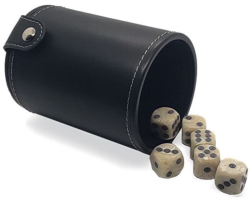 PU Leather Felt Lined Dice Cup Compartment +(6) 16mm Circle-n-Circle Design Dice