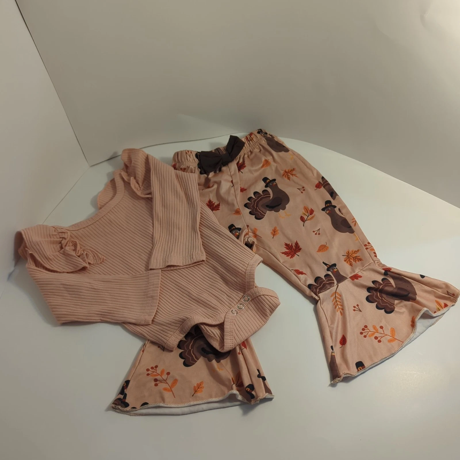 Baby Girl Thanksgiving Outfit 2PC Set 9–12M Ruffle Bodysuit & Turkey Bell Bottom
