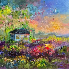 Farmhouse Oil painting ORIGINAL art Cottage House Flower Garden landscape 8x8