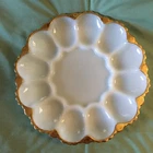 1950s Anchor Hocking Vintage Milk Glass Deviled Egg Dish Plate with Gold Trim