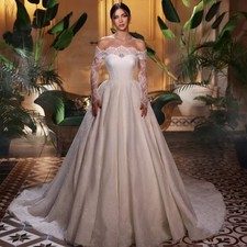 Elegant Off Shoulder A-Line Wedding Dresses Long Lace Sleeves Satin Bridal Gowns