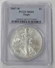 2007-W MS-69 WEST POINT MINT SILVER EAGLE, PCGS GRADED, SPOTS ON COIN