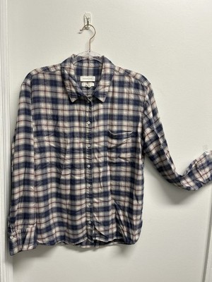 Women's Treasure & Bond Plaid Boyfriend Shirt Navy/pink Large Cozy Cottage Soft