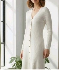 NWT Lucky Brand Ivory Ribbed Knit Long Sleeve Body Con Dress Buttons Women M