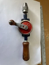 Vintage Wards Hand Crank Drill Eggbeater Red Blue USA Wood Handle Works