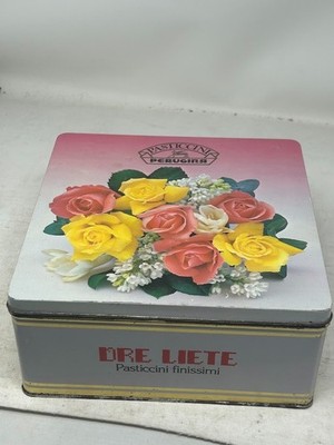 1980s Perugina ''Pasticcini'' Cookie Tin from Italy w/ Rose Floral Lid 11''