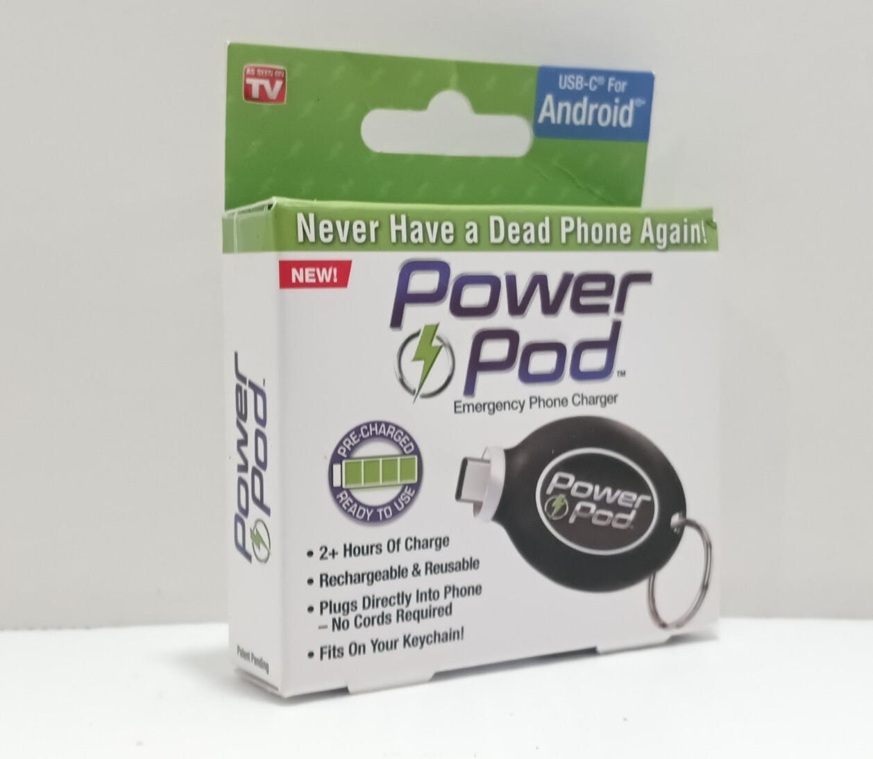 Power Pod Portable Emergency Phone Charger &amp; Cable USB-C Connector Android. NIB