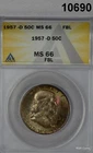 1957 D FRANKLIN HALF DOLLAR ANACS CERTIFIED MS66 FBL RAINBOW COLORS! WOW! #10690