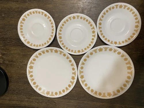 Set of 5 Corelle Butterfly Gold Dinner Plates 8 1/2” 6 1/2” Vintage Bundle Lot
