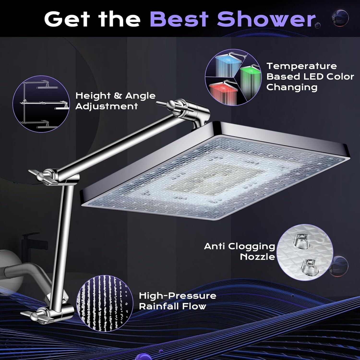 Shower Head 8'' Led Rain Shower Head With 16'' Adjustable Extension Arm Rainfall