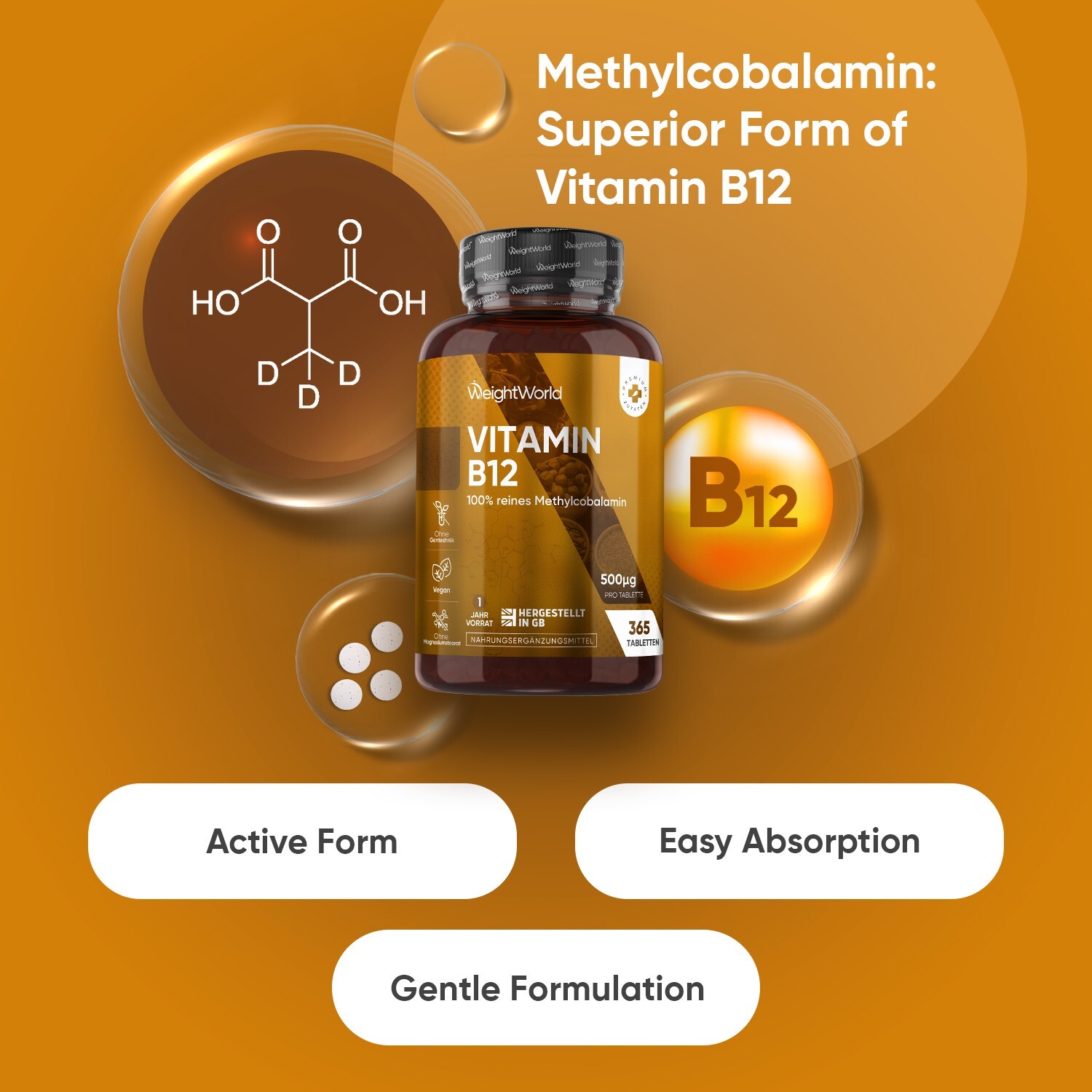 Vegan Vitamin B12 - 365 Tablets  - Nervous system, metabolism & immune support