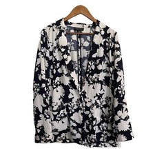 Talbots Womens Navy Blue White Floral Button Front Pockets Lightweight Blazer XL