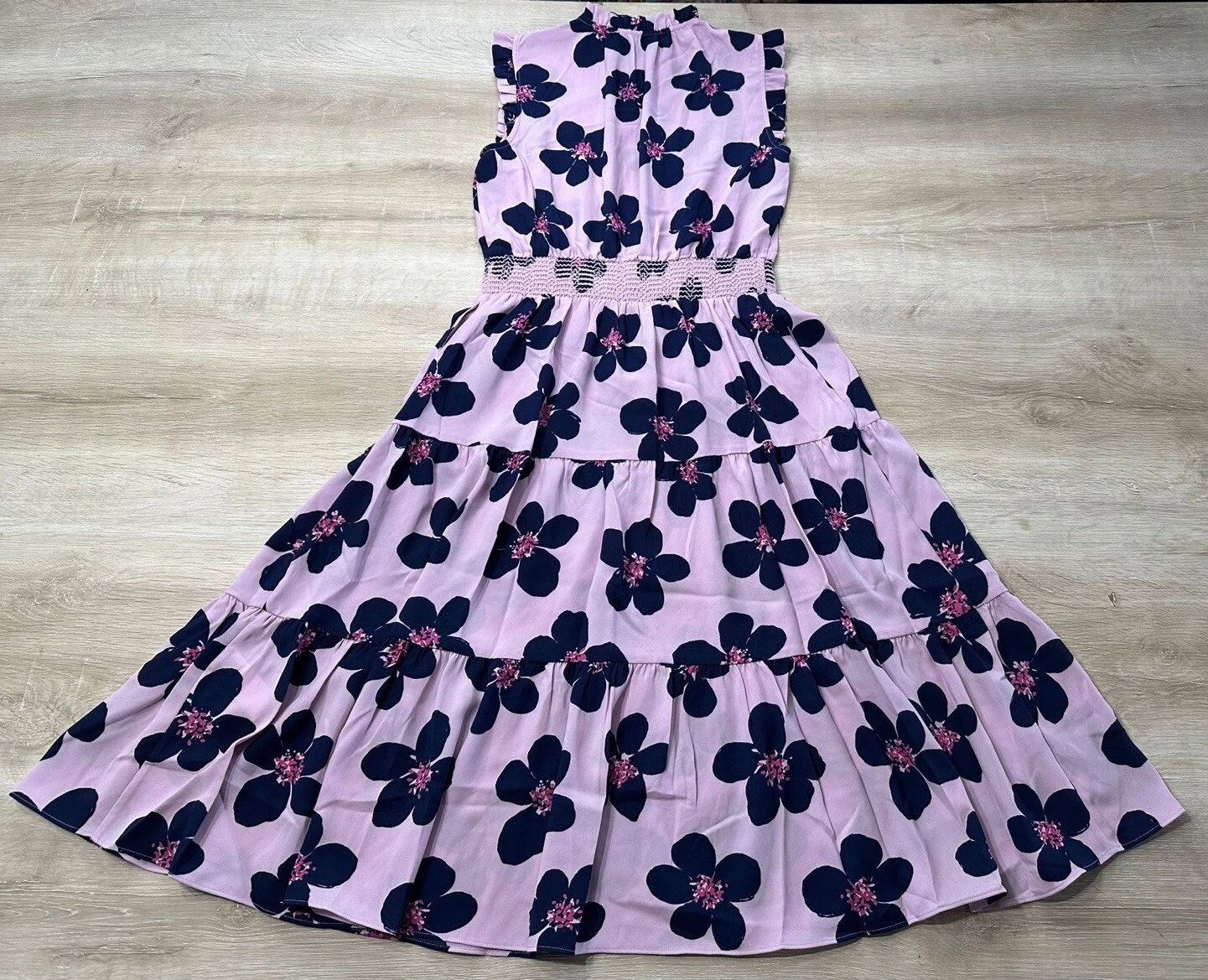 Abito midi Kate Spade New York XS linea principale grande floreale vita smocked senza maniche