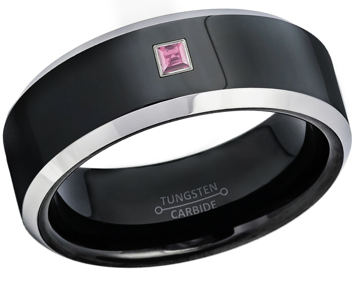 Princess Cut Pink Tourmaline Ring, 8mm Black Tungsten Wedding Band  #119