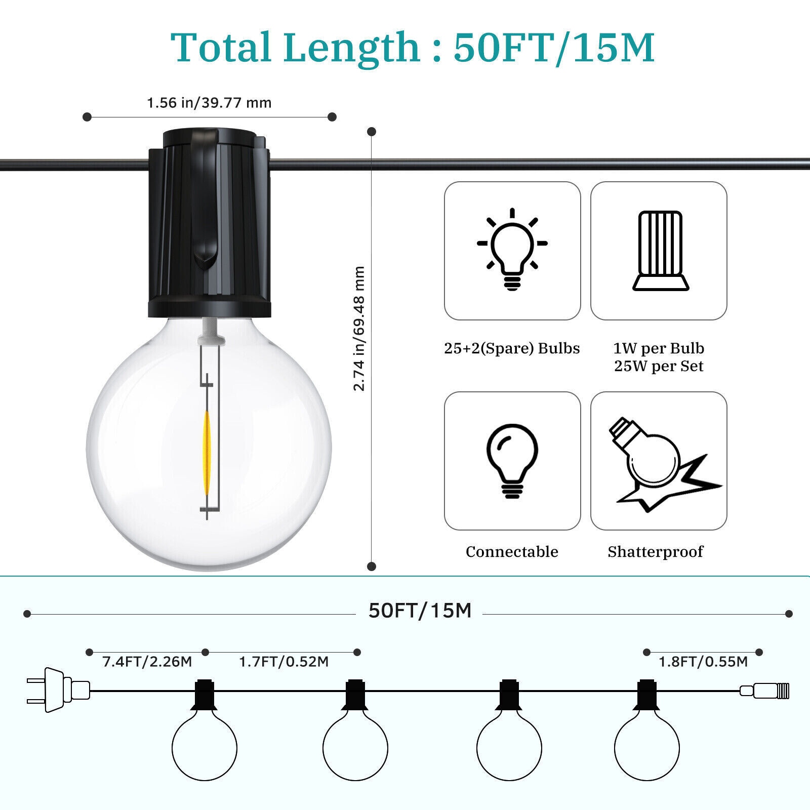 15M Outdoor LED Lichterkette Außen Strom Glühbirnen Außen mit 25 G40 Birnen IP44