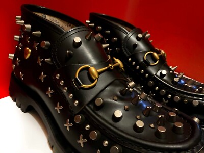 $1689.00 !! GUCCI MEN'S BLACK LEATHER HORSE BIT LOAFERS MARKED