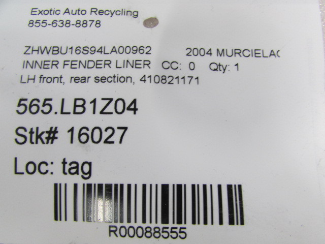 Lamborghini Murcielago, LH Front Inner Fender Liner, Rear Section, P/N 410821171